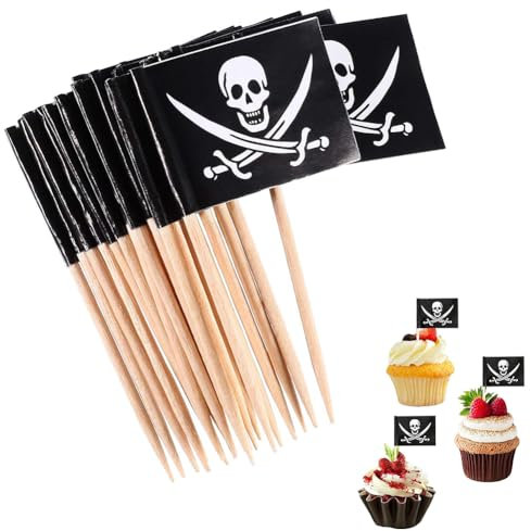 Banderas Pirata para Palillos,Bandera de Palillo de Dientes Pirata,Bandera de Etiqueta Mini Pirata,para Cóctel, Magdalena Decoración para Fiesta de Cumpleaños Navidad Niños,100 Piezas