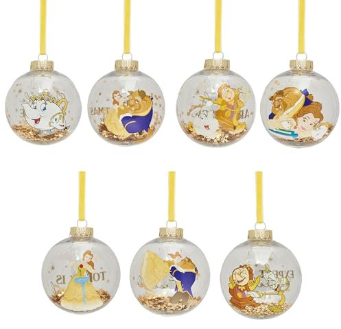 Disney – Juego de 7 bolas para árbol de Navidad – La Bella y la Bestia – Belle, Beast, Gaston, Lumiere, Cogsworth, Mrs. Potts & Chip Potts – Producto oficial – Adorno de Navidad.