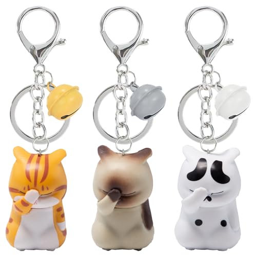 Pilikoll 3 Stück Cartoon Cat Schlüsselanhänger mit Glocke Gesicht Cover Katze Schlüsselanhänger Shy Chubby Kitten Keychain Katze Schlüsselanhängers für Schlüssel, Taschen, Geldbörsen, Autoschlüssel