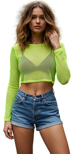 STAR FASHION Women’s Sheer Mesh Crop Top Long Sleeve See Through Top Ladies Stretchy Crew Neck Cropped Clubwear Party Festival Top UK Size 8 to 14