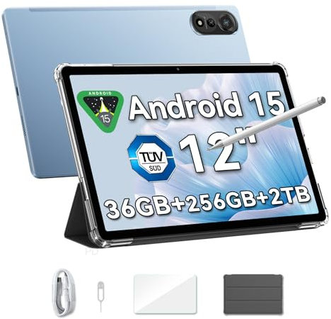 Blackview Mega2 Android 15 Tablet 12 Zoll, 36GB RAM+256GB ROM, 2K FHD Gaming Tablet mit Tastatur Maus Stift Kopfhörer, 4G LTE+5G WiFi, 9000 mAh, WideVine L1, Dual Kamera, Face ID, GPS, Hülle