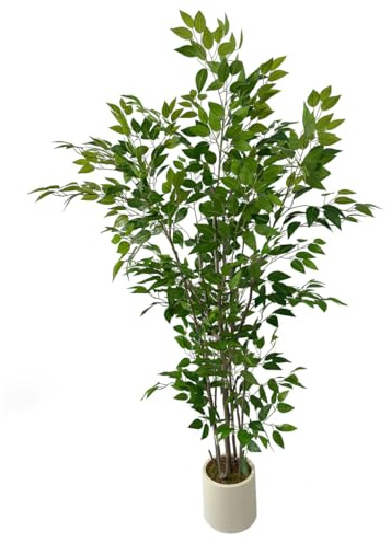 Artificial Ficus Tree with Green Leaves, 6 ft Tall, Indoor Plant with Decorative Beige Planter