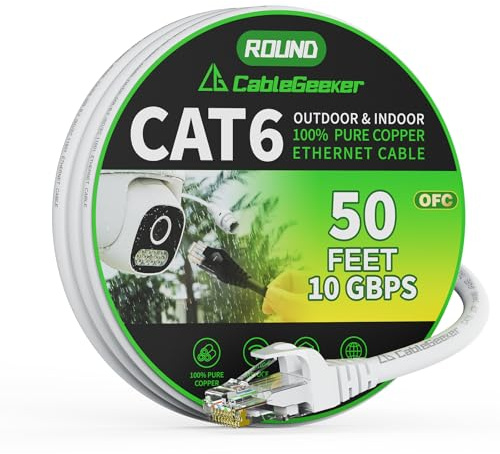 Cat 6 Ethernet Cable 50 ft, Indoor&Outdoor, High Speed 10Gbps 24AWG Pure Copper Internet Network Cable, Pure Copper Ethernet Patch Cable Long, PoE Computer LAN Cable for Router, Modem, PS5/4, White
