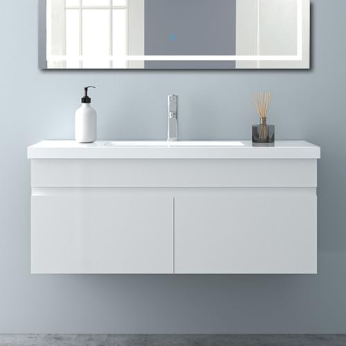 Biubiubath Badezimmer Badmöbel 100cm Mineralguss Waschtisch mit Unterschrank Hängeschrank Hochglanz Weiß Badezimmerschränke Badschrank mit 2 Soft-Close Türen