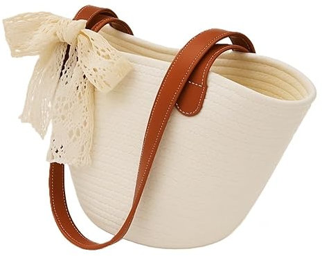 Sac en Paille Tissé avec Dentelle Décorative, Look K-pop, Style Décontracté, Idéal Pour Shopping et Effets Personnels, Type Shopper, Tote Bag, Cabas. Poignées en Simili Cuir Marron, (Blanc cassé)