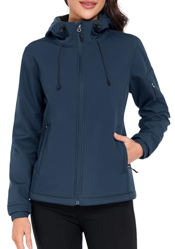 CMTOP Veste Softshell Femme Doublé Polaire Chaud Parka Imperméable À Capuche, Hydrofuge Coup-Vent Veste de Pluie d'Extérieur Veste mi Saison avec Poches À Fermeture Éclair