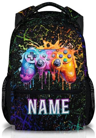 GiftRomance Personalisierten Gamer Rucksack für Jungen mit Name – 17 Zoll Gaming Schulranzen mit Splash-Print Controller Design, Kinder Schultasche für Reisen und Alltag