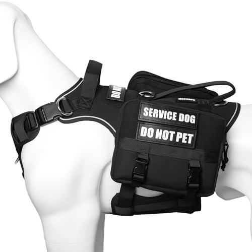 MOOGROU Diensthundeweste mit Taschen, großes Hundegeschirr und abnehmbarer Rucksack für Training, Wandern, Haustierweste mit Griff und MOLLE-System für Flicken, Schwarz, Größe L