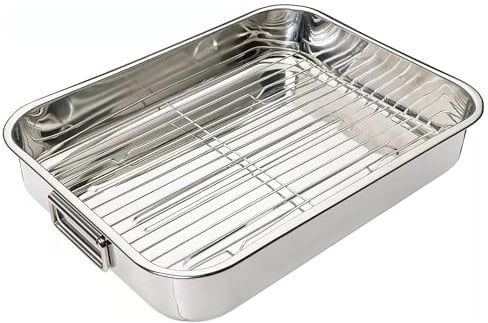 SterlingEdge Premium Roasting Trays Stainless Steel Oven Pan with Rack Baking, Meat & Vegetables Roaster Grill Rack Folding Side Handles Oven Grill Tin Tray (Small 30×18×5cm)