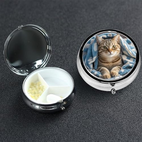 Pillendose mit 3 Fächern, Metall, Medikamenten-Organizer, Katzen-Unterdecke, Pillendose für Geldbörse oder Tasche, Mini-Reise-Pillen-Halter für Nahrungsergänzungsmittel, Vitamine, Fischöl