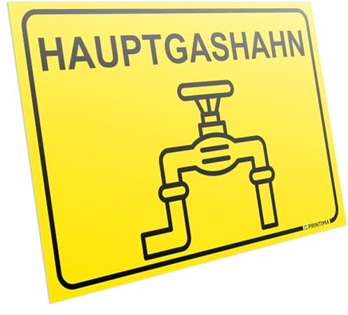 PRINTIMA PVC Schild „HAUPTGASHAHN“ 32x21cm – Hinweisschild mit Piktogramm & Montagedübeln – Wetterfeste Kennzeichnung für Gashahnposition im Innen- & Außenbereich