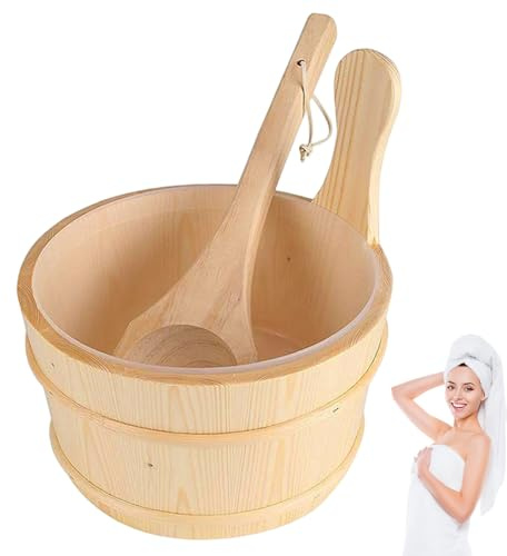 Seau et louche de sauna de capacité en bois avec doublure en plastique, accessoires bain pour hammam d'hôtel à domicile, ensemble seau et louche sauna