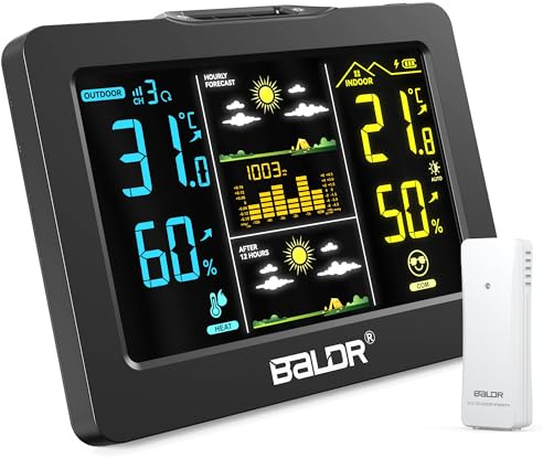 BALDR Wireless Wetterstation mit Außensensor, Digitales Farbdisplay – Innen/Außen Thermometer & Hygrometer, 1h + 12h Wettervorhersage, Wiederaufladbarer Akku
