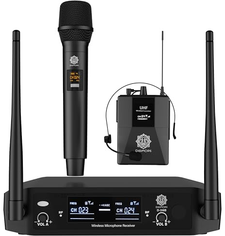DIGIMORE Wireless Microphone System | 1 Handheld Microphone & 1 Head Microphone | 150ft Range | Cardioid Pickup | Balanced XLR Outputs & 6.35mm UnBal Output | Microphone