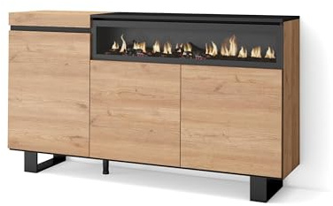 HABITMOBEL Aparador para salón con 3 Puertas y Iluminacion Led, Estilo Moderno Acabado Roble y Negro, Medidas 150x87x35cm