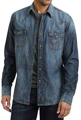 Wrangler Men's Big & Tall Retro Two Pocket Long Sleeve Snap Shirt, Blue Denim, XXXL