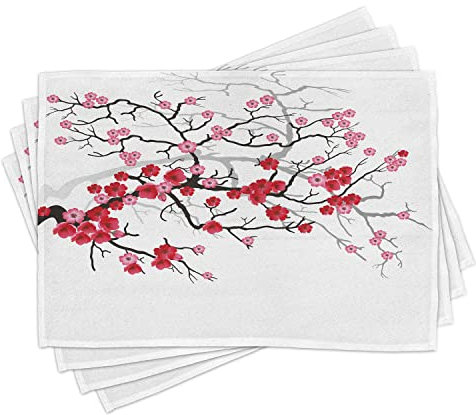 ABAKUHAUS Natur Platzmatten, Sakura-Blüten Pflanze, Waschbare Stoff Esszimmer Küche Tischdekorations Digitaldruck, Dunkelrosa Weiß