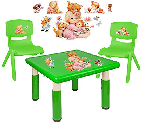alles-meine.de GmbH Sitzgruppe für Kinder - Tisch + 2 Kinderstühle - Größen & Motiv & Farbwahl - Kinder & Tierbaby/grün - höhenverstellbar - 1 bis 8 Jahre - Plastik - für INNEN..