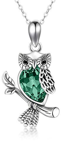 HARMONY BOLA Halskette mit Eulen-Anhänger aus 925er-Sterlingsilber mit Grün Kristallen Anhänger in Tierform Silberschmuck Geschenk für Frauen, 45,7 + 5,1 cm Kettenverlängerung