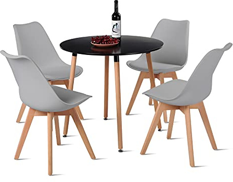 EGGREE Set Tisch und 4 Stühle, skandinavisch, Esstisch, rund, aus Holz, 80 cm, mit Küchenstühlen, Schwarz + Grau