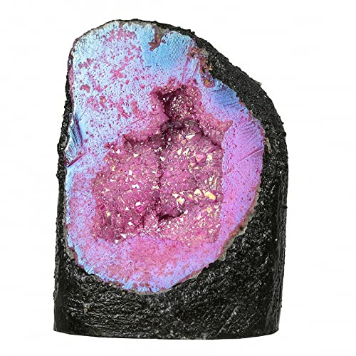 mookaitedecor Ange Aura Quartz géode Pierre décor à la Maison, Spécimen de Cluster de Cristal de Roche Naturel revêtu de Titane pour Le Reiki et la méditation, Fuchsia