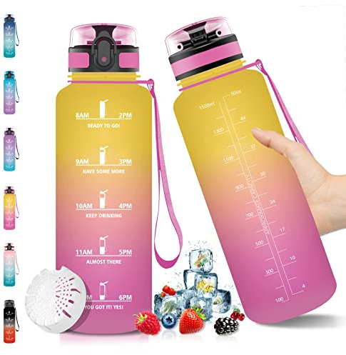 Vikaster Bouteille d'eau,Gourde sport en Tritan 1,5 litre BPA free,1500ml Gourde Sport,Étanche & Réutilisable,avec Filtre et Marqueur Temps,Bouteille sport vélo,Gym,enfants,sport JB-VC Jaune/Rose