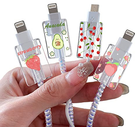 DiyGody Cute Fruit Cable Protectors for iPhone - Type-C Charger, Kawaii Avocado Strawberry Peach Pattern 4 pcs Set, Charger Saver