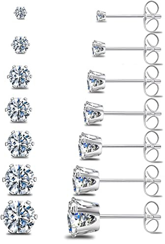 Silver Gold Black Stud Earrings Set 7Pairs Hypoallergenic Cubic Zirconia Titanium Stainless Steel Silver Rose Gold Black CZ Cartilage Stud Earrings Jewelry Sets for Women Men, 2-8mm CZ Studs Earrings