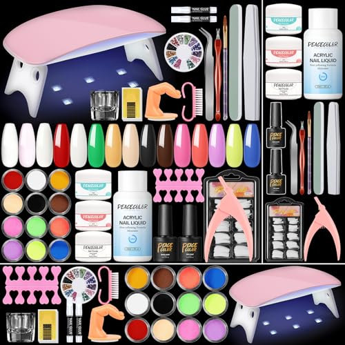 PEACECOLOR Acrylic Nail Kit with Lamp, Acrylic Powder (3 Colors), Glitter Powder (12 Colors), Liquid, Brush Tips & Art Supplies for Nails Extension