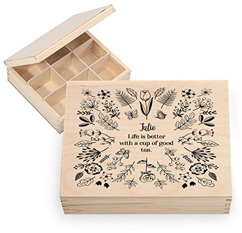 Personalisiertes Geschenk Holz-Tee-Box Teekiste mit Namen DEIN TEXT 20,5 x 23,5 cm Aufbewahrungsbox für Tee aus Holz mit 9 Fächern Tee-Organizer mit individuellem UV-Druck Motiv Life is Better [160]