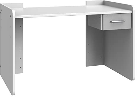 PEGANE Bureau réglable en Hauteur Coloris Blanc, rechampis Teinte béton Gris Clair - Longueur 124 x Hauteur 77 x Profondeur 70 cm