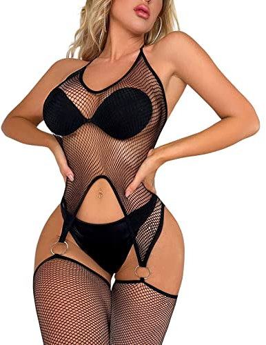ROSVAJFY Body Rejilla Mujer con Medias Sexy Lencería Cuello Halter Ropa Interior Malla Aberturas Bodystockings Monos Una Pieza Transparentes Elástica Body Ligueros Ropa Dormir