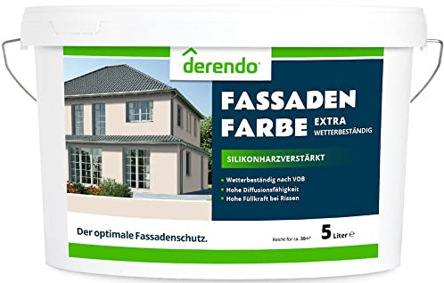 derendo Fassadenfarbe beige 5l mit EXTRA hohem Wetterschutz, matte silikonharzverstärkte Fassaden Farbe, hohe Deckkraft und gute Füllkraft bei kleinen Rissen (Perlbeige)