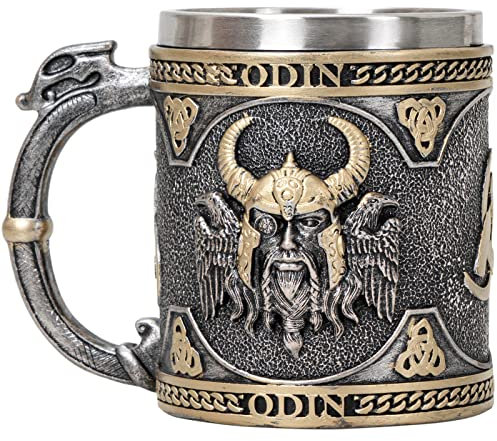 Odin Viking Mug Tankard Dragon Handle Beer Cup Coffee Mug, Stainless Steel Drinking Tankard Mugs Nordic Viking Gift For Men