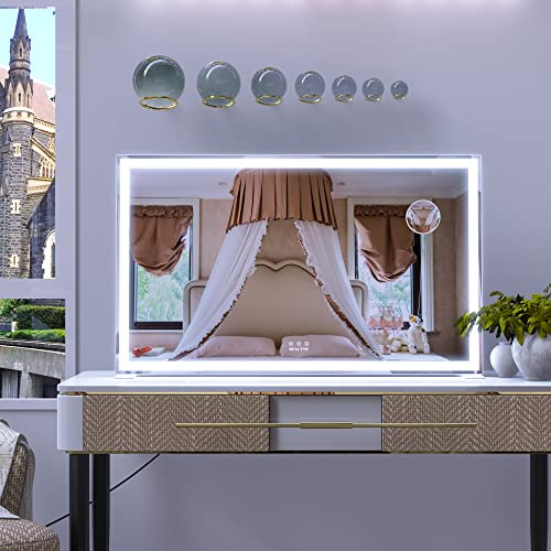 BEAUTME Vanity Mirror with Lights, 102 X 62 cm Large Lighted Makeup Mirror with Dimmable 3 Modes, Touch Screen Control, Tabletop or Wall Mounted for Dressing Room & Bedroom, White