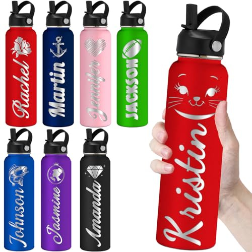 Personalized Water Bottles with Straw 24oz Custom Engraved Water Bottle for School Customized Name Double Wall Insulated-Red