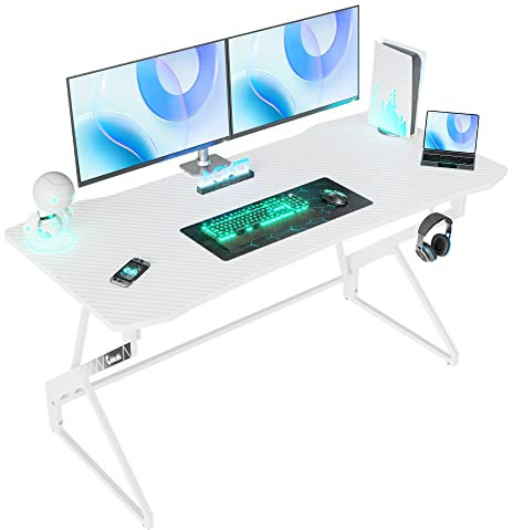 CubiCubi Simple Gaming Desk Z Shaped 80 cm Gamer Workstation, Home Computer Carbon Fiber Surface Gaming Desk PC Table with Headphone Hook,White