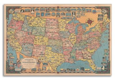 GEAD Vintage USA Karte Poster Amerika das Wunderland dekoratives Gemälde Leinwand Kunst Bild 50 x 75 cm