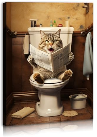Typruye Modern Cat Wall Art - Canvas Bathroom Decor, Funny Animals, Framed 12x16