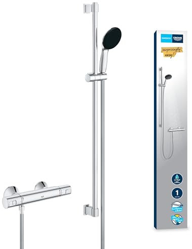 GROHE Precision Start Conjunto de barra de ducha con termostato, 3 tipos de chorro, barra de ducha de 900 mm, incluye herramientas de instalación, cromo 34854001