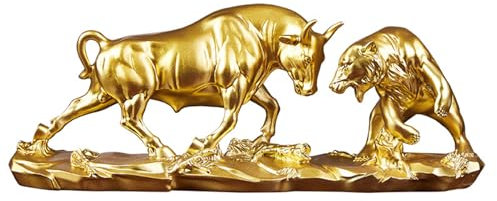 HOUSN Bulle und Bär-Börsenfiguren -Harz Wall Street Bull Bear Statue für Schreibtische, Regale oder Vitrinen. mit bulle und bär Figuren sind eine tolle Geschenkidee im Büro,Gold