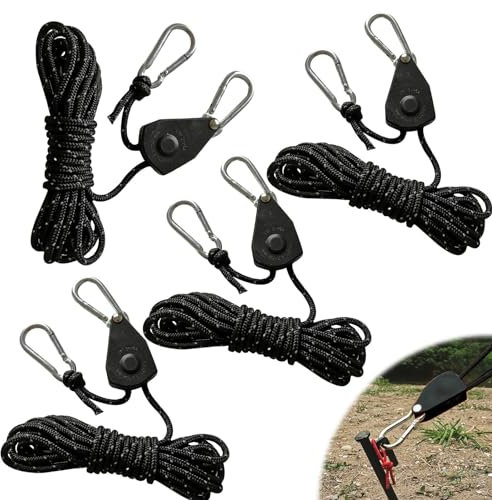 4 Stück 4M Reflektierend Abspannseile Seil mit Seilspanner, Einstellbare Seil Ratsche Rope Seilratsche mit Haken, Paracordseil Abspannleine Zeltschnur mit Seilspanner für Camping Zelt Zeltplane