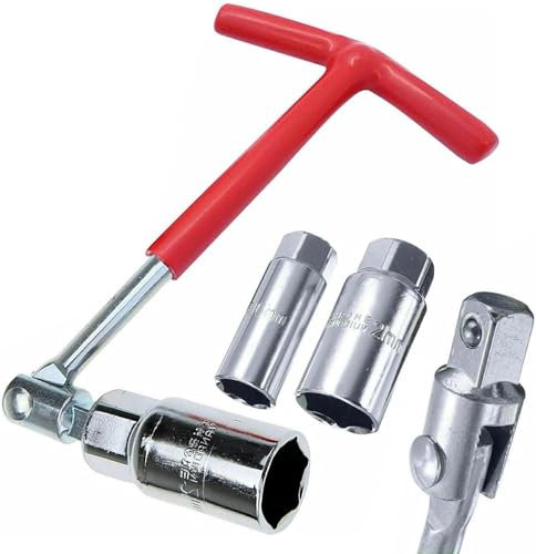 FIXTOOLS Spark Plug Socket Wrench Set Red T-Handle Stainless Steel Silicone Spark Plug Removal Tool Set 16mm and 21mm Flexible Spanner Spark Plug Wrench for Fastening and Demolition