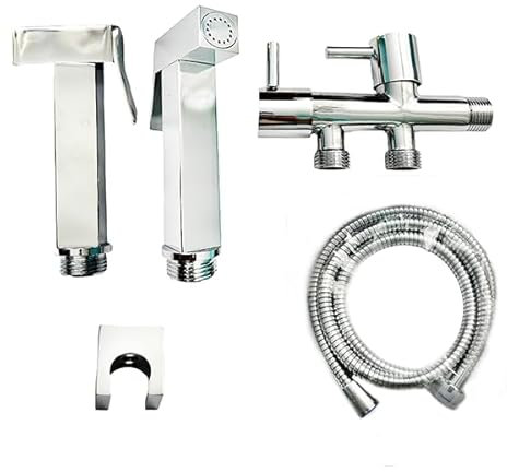 Kit de douchette WC HAUTE QUALITE en laiton Chromé Design moderne, Robinet 3 voie, Support et Flexible