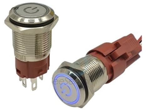 16mm/19mm/22mm Car Auto Metal Push Button Switch Ring LED 250V/5A Latching Self-lock Momentary Self-reset BIANMTSW(Blue Circle,19mm)