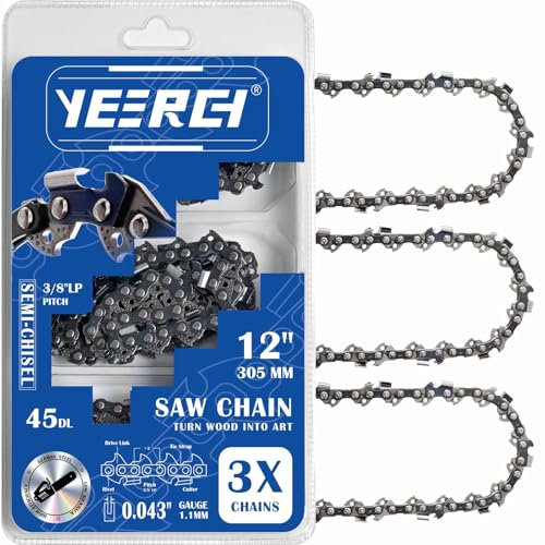 Yeerch 12 Inch Chainsaw Chain 3/8 LP Pitch .043 Gauge 45 Drive Links, Fits for Dewalt, Milwaukee, Kobalt, Craftsman, Makita and More (3 Chains, Semi-Chisel)