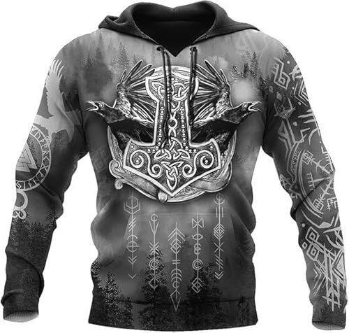 TAYGUM Wikinger-Hoodie 3D-Druck Nordische Mythologie Odin Krähe/Der Hammer Von Thor Hoodie Frühling Herbst Pullover Für Herren Und Damen Party Cosplay Kostüm(Der Hammer von Thor Hoodie,L)