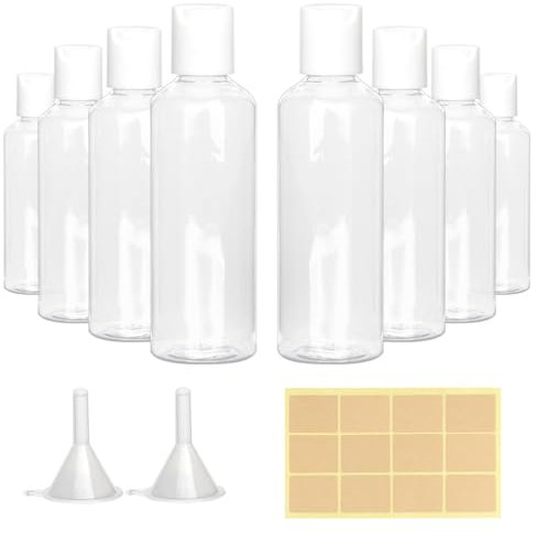 8Pcs Leak Proof Disc Cap Bottles, 100ml Reusable Travel Bottles, Air Flight Plastic Bottles, Empty Travel Containers with 2 Funnel 12 Label, Small Shampoo Bottles for Toiletries Conditioner Cosmetic