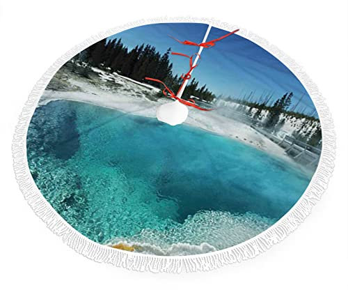 Vista de invierno, falda de árbol de Navidad con cordones de borla, primavera transparente y árboles nevados, para decoraciones y adornos de árbol de Navidad, azul blanco, 76 cm