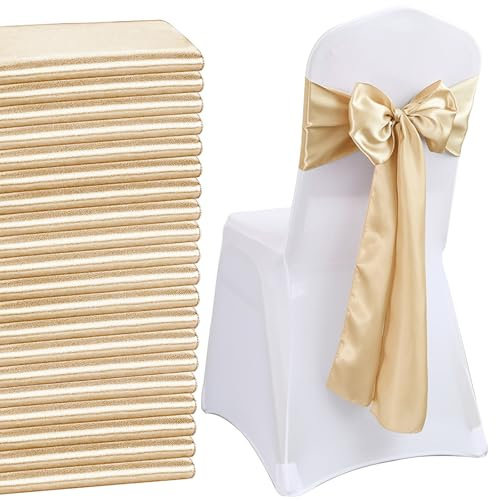 QeeFop 50 Stück Beige Satin Schärpe Hochzeit Stuhl Bogen, Elastische Stuhlschärpen Stuhl Schärpen für Hochzeitsdekoration Geburtstag Bankett Party Stuhl Dekoration (Beige)